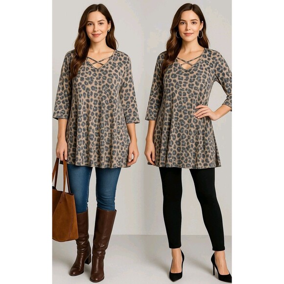 Women’s Leopard Print Tunic Top 1X, Stretchy A-Line Swing Blouse Made In USA - Picture 2 of 6